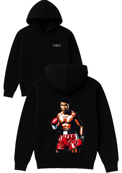 Muhammed Ali Tasarım Baskılı Oversize Siyah Kapüşonlu Sweatshirt