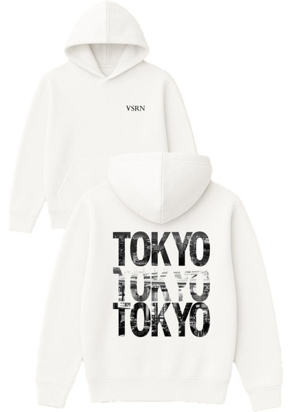 Tokyo Tokyo Tokyo Tasarım Baskılı Oversize Beyaz Kapüşonlu Sweatshirt