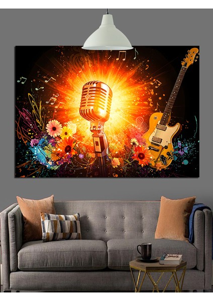 Mikrofonlu Parlak Disko Topu Dekoratif Kanvas - Mdf Ahşap Tablo