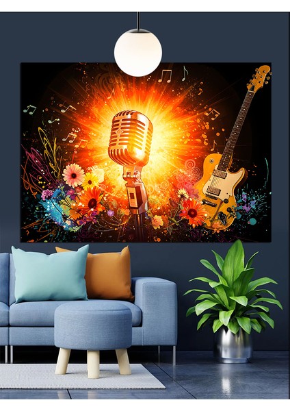 Mikrofonlu Parlak Disko Topu Dekoratif Kanvas - Mdf Ahşap Tablo modelleri