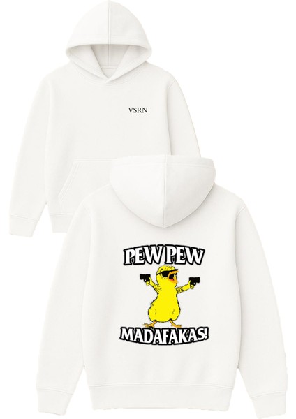 Pew Pew Tasarım Baskılı Oversize Beyaz Kapüşonlu Sweatshirt