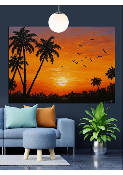 Gün Batımı Palmiye Ağaçları Dekoratif Kanvas - Mdf Ahşap Tablo fiyatları