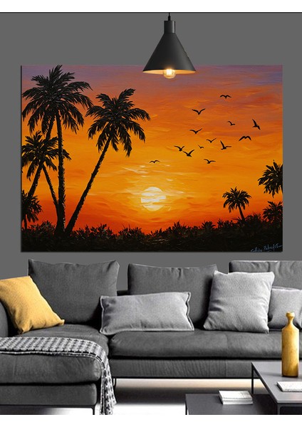 Gün Batımı Palmiye Ağaçları Dekoratif Kanvas - Mdf Ahşap Tablo fırsatları