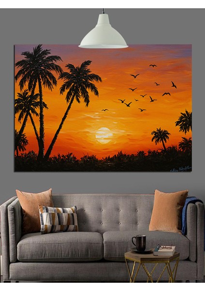 Gün Batımı Palmiye Ağaçları Dekoratif Kanvas - Mdf Ahşap Tablo indirimleri