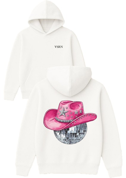 Kovboy Şapkalı Disko Topu Tasarım Baskılı Oversize Beyaz Kapüşonlu Sweatshirt