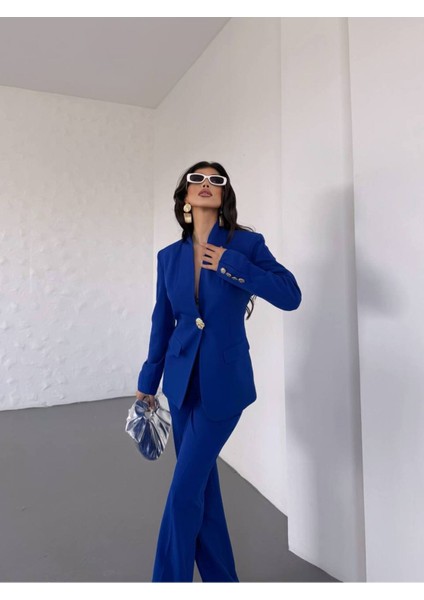 Kadın Gold Kurabiye Düğmeli Blazer Ceket Palazzo Pantolon Takım Elbise