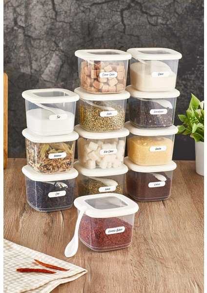 Foly 12'li Set Küçük Boy 0,55 Litre Etiketli Kaşıklı Kare Erzak Saklama Kabı Beyaz