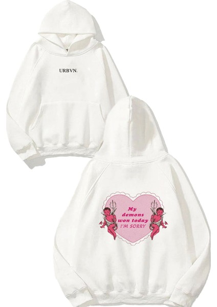 Heart Demon Tasarım Baskılı Oversize Beyaz Kapüşonlu Sweatshirt