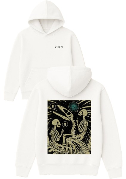 Iskelet T Rex Tasarım Baskılı Oversize Beyaz Kapüşonlu Sweatshirt