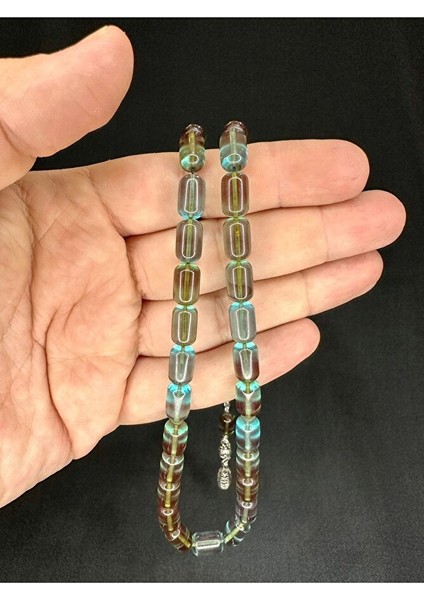 ATEŞ KEHRİBAR TESBİH KAPSÜL KESİM TURKUAZ RENK 12MM X 7MM T-534