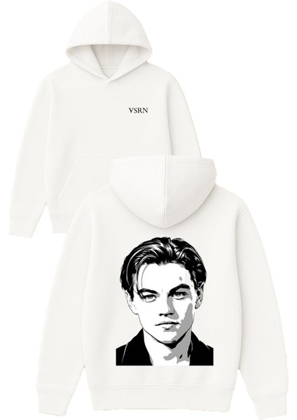 Leonardo Tasarım Baskılı Oversize Beyaz Kapüşonlu Sweatshirt