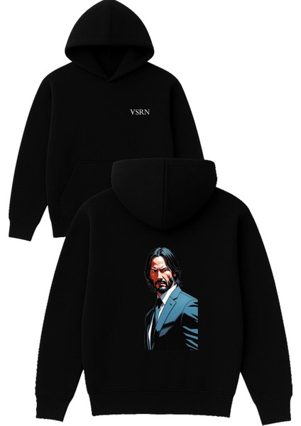 John Wick Uzun Tasarım Baskılı Oversize Siyah Kapüşonlu Sweatshirt