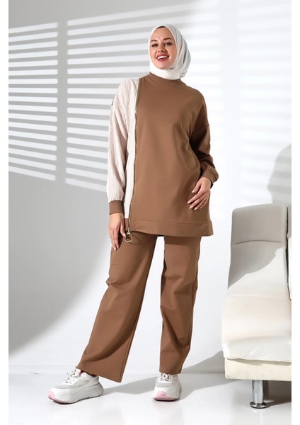 Kadın Mevsimlik Alt Üst Rahat Kahverengi Spor Ikili Tunik Pantolon Şık Tesettür Takım