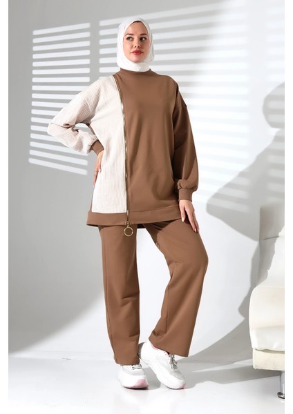 Kadın Mevsimlik Alt Üst Rahat Kahverengi Spor Ikili Tunik Pantolon Şık Tesettür Takım modelleri