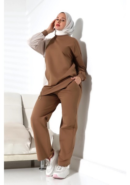 Kadın Mevsimlik Alt Üst Rahat Kahverengi Spor Ikili Tunik Pantolon Şık Tesettür Takım fırsatları