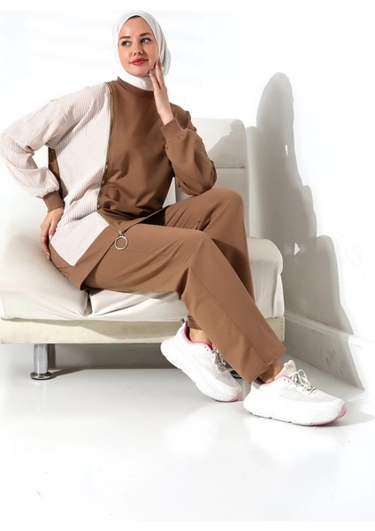 Kadın Mevsimlik Alt Üst Rahat Kahverengi Spor Ikili Tunik Pantolon Şık Tesettür Takım indirimleri