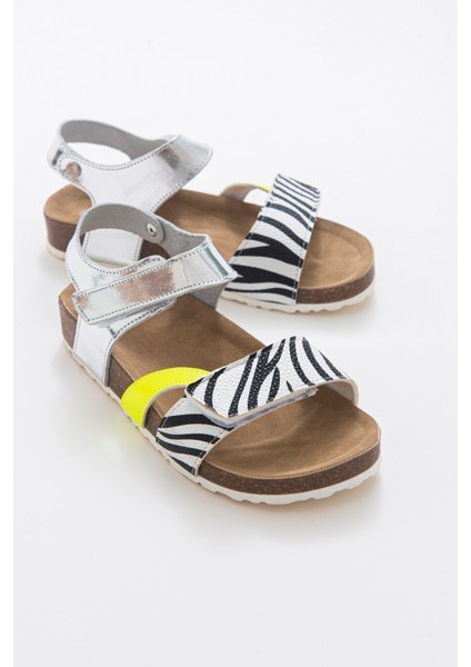 Kız Çocuk Gümüş Deri Ortopedik Destekli Çocuk Sandalet