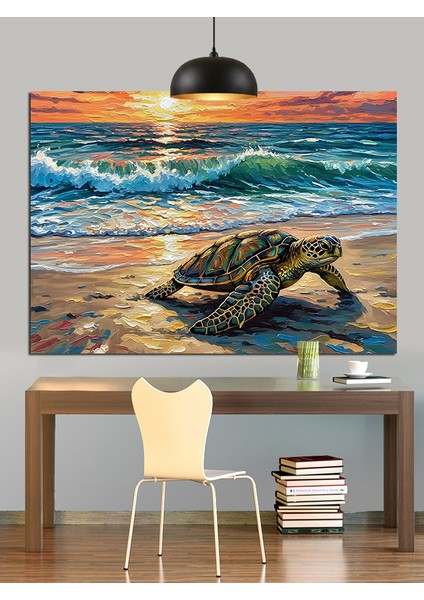 Deniz Kaplumbağası Plaj Manzarası Dekoratif Kanvas - Mdf Ahşap Tablo