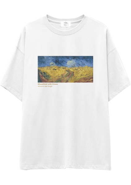 Buğday Tarlası ve Kargalar Oversize Tişört - Beyaz