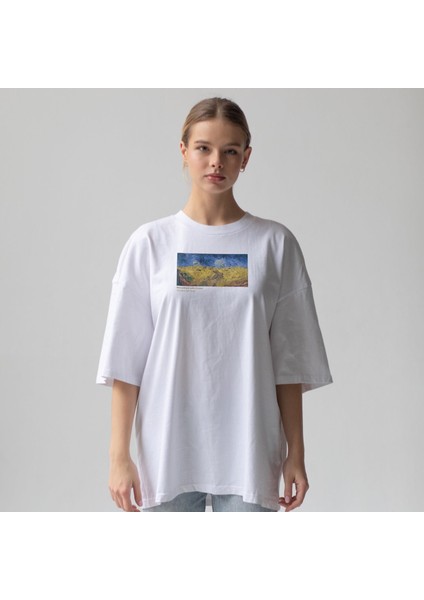 Buğday Tarlası ve Kargalar Oversize Tişört - Beyaz fiyatları