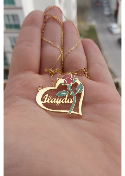 925 Ayar Gümüş 24 Ayar Altın Kaplama Isimli Kalpli Gül Kolye