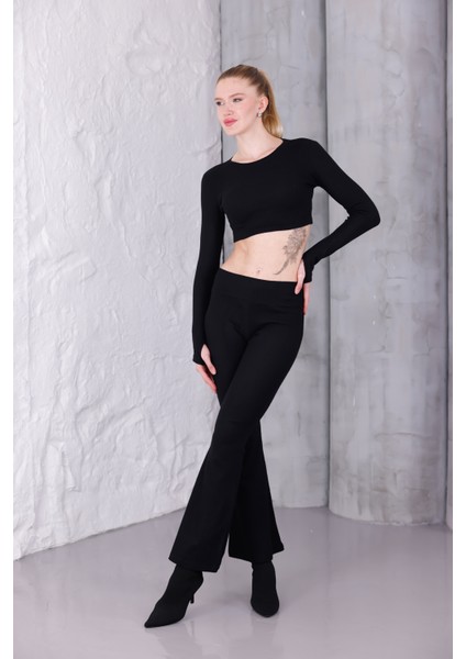 Kadın Ispanyol Paça Pantolon Uzun Kollu Parmak Geçirmeli Crop Takım