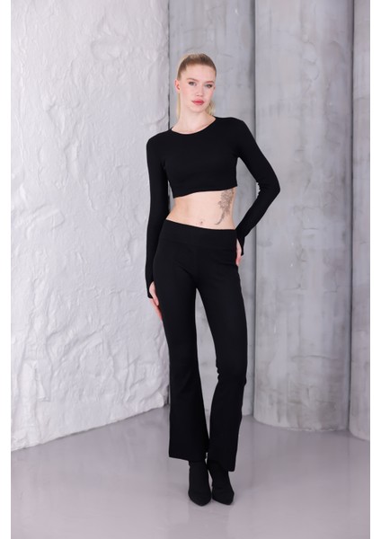 Kadın Ispanyol Paça Pantolon Uzun Kollu Parmak Geçirmeli Crop Takım fiyatları