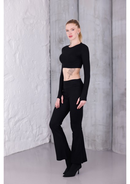 Kadın Ispanyol Paça Pantolon Uzun Kollu Parmak Geçirmeli Crop Takım modelleri