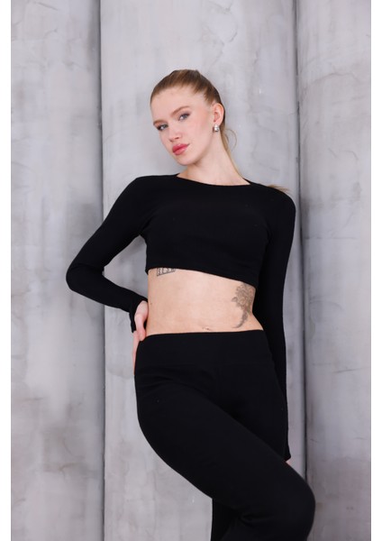 Kadın Ispanyol Paça Pantolon Uzun Kollu Parmak Geçirmeli Crop Takım fırsatları