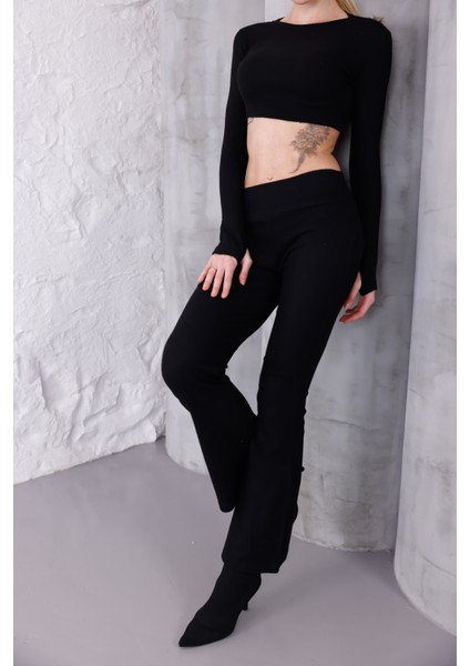 Kadın Ispanyol Paça Pantolon Uzun Kollu Parmak Geçirmeli Crop Takım indirimleri