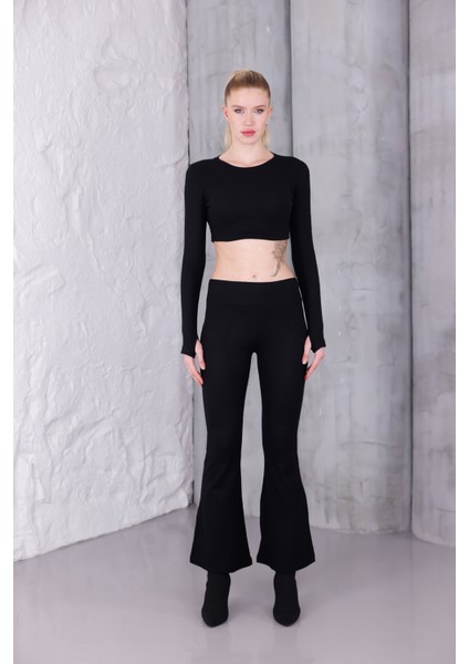 Kadın Ispanyol Paça Pantolon Uzun Kollu Parmak Geçirmeli Crop Takım