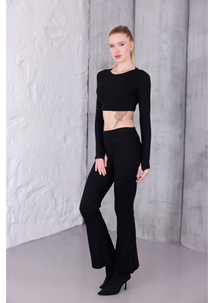Kadın Ispanyol Paça Pantolon Uzun Kollu Parmak Geçirmeli Crop Takım