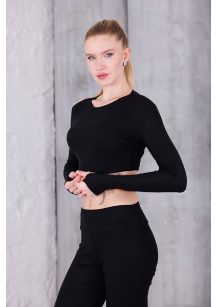 Kadın Ispanyol Paça Pantolon Uzun Kollu Parmak Geçirmeli Crop Takım