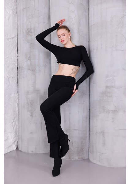 Kadın Ispanyol Paça Pantolon Uzun Kollu Parmak Geçirmeli Crop Takım