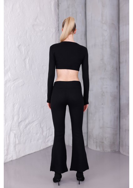 Kadın Ispanyol Paça Pantolon Uzun Kollu Parmak Geçirmeli Crop Takım