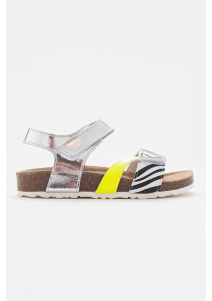 Kız Çocuk Gümüş Deri Ortopedik Destekli Çocuk Sandalet