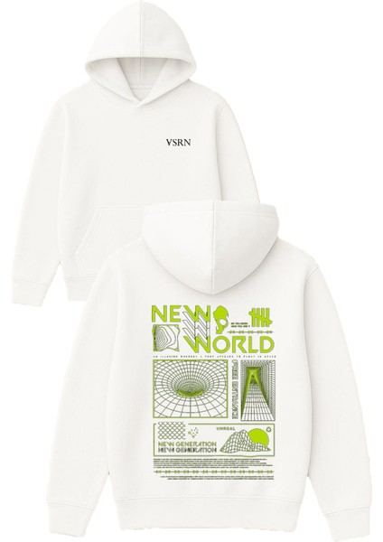 New World Tasarım Baskılı Oversize Beyaz Kapüşonlu Sweatshirt