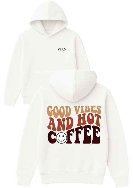 Coffee Good Vıbes Tasarım Baskılı Oversize Beyaz Kapüşonlu Sweatshirt