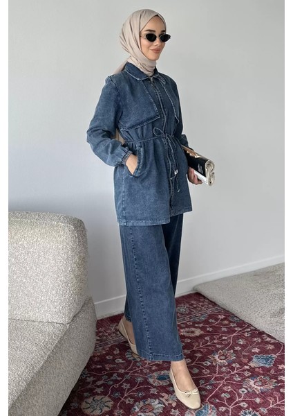 Bel Bağcıklı Fermuarlı Jean Kot Ceket Pantolon Tesettür Ikili Takım P-00018911