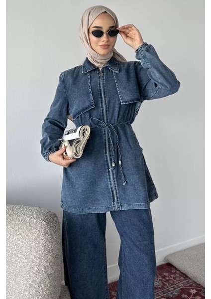 Bel Bağcıklı Fermuarlı Jean Kot Ceket Pantolon Tesettür Ikili Takım P-00018911 fiyatları