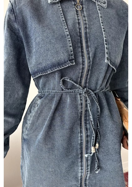 Bel Bağcıklı Fermuarlı Jean Kot Ceket Pantolon Tesettür Ikili Takım P-00018911 modelleri