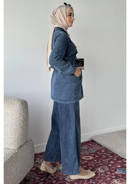 Bel Bağcıklı Fermuarlı Jean Kot Ceket Pantolon Tesettür Ikili Takım P-00018911 fırsatları