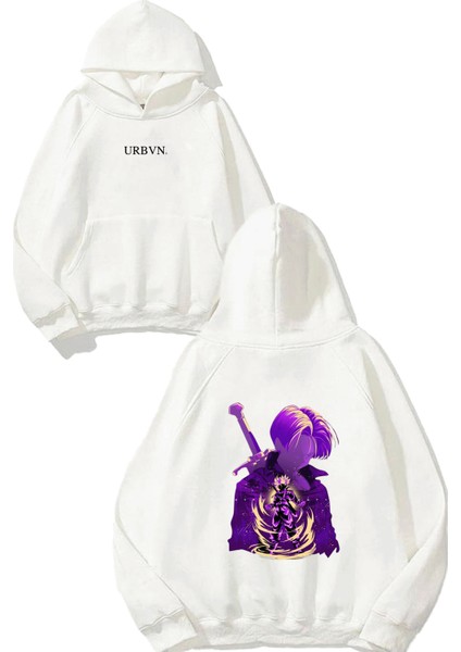 Purple Anime Tasarım Baskılı Oversize Beyaz Kapüşonlu Sweatshirt