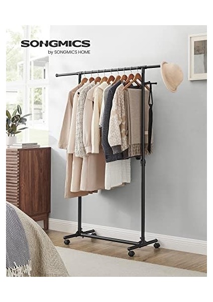 Tekerlekli Askısı, 97 ve 165 cm Arasında Yüksekliği Ayarlanabilir, Uzatılabilir Askısı, Aksesuarlar Için Yan Kancalar, Siyah LLR001B01 fiyatları