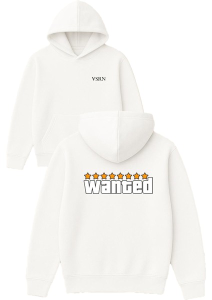 Wanted 8 Yıldız Tasarım Baskılı Oversize Beyaz Kapüşonlu Sweatshirt