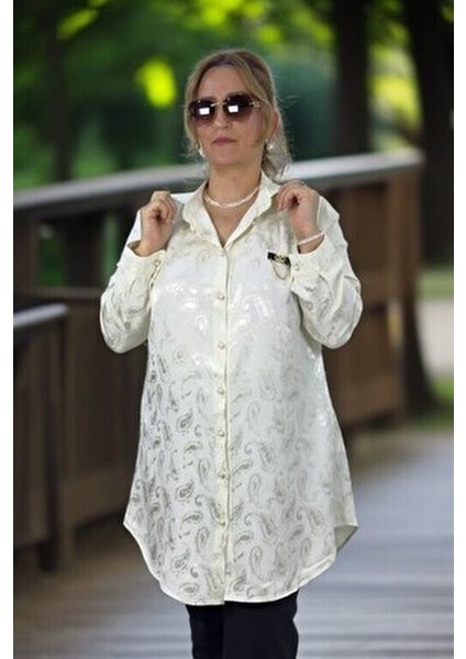 Zincir Aksesuarlı İnci Önden Düğmeli Uzun Kol Battal Büyük Beden Jakarlı Saten Gömlek Tunik