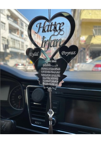 Kişiye Özel Dikiz Aynası Süsü Ayet-El Kürsi Yazılı ve Kalp Figürlü