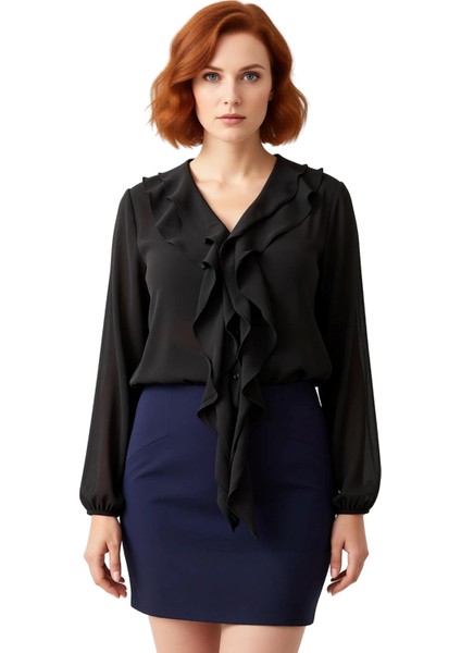 Bayan V Yaka Fırfırlı Uzun Kollu Şifon Bluz Plus Size Modeller Kaliteli Şık Rahat Modern Zarif