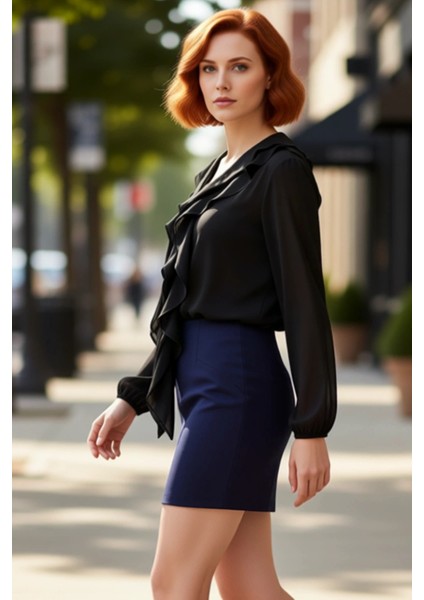 Bayan V Yaka Fırfırlı Uzun Kollu Şifon Bluz Plus Size Modeller Kaliteli Şık Rahat Modern Zarif modelleri