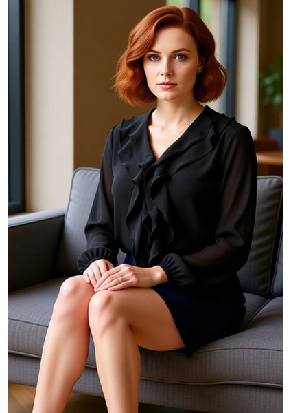 Bayan V Yaka Fırfırlı Uzun Kollu Şifon Bluz Plus Size Modeller Kaliteli Şık Rahat Modern Zarif fırsatları